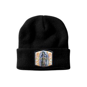 SO Winter Knit Beanie, Virgen de Guadalupe Embroidered Patch, Shiny Metallic Cap